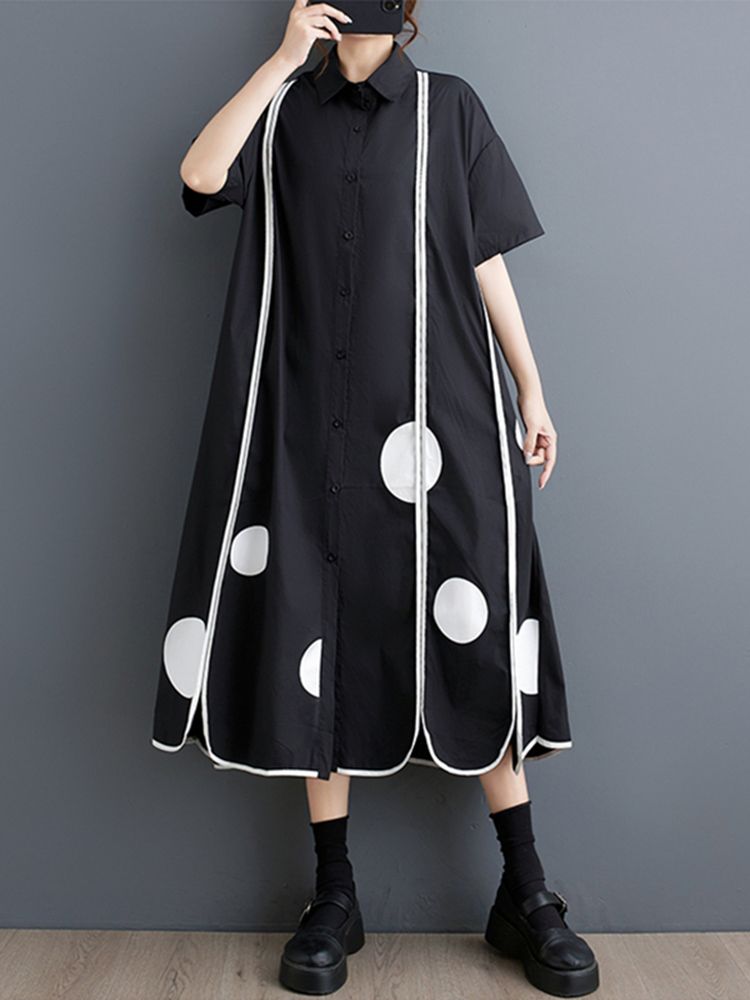 Black Vintage Patchwork Polka Dot Dresses For Women 2025 Summer New Short Sleeve Loose Casual Midi Dress Fashion Elegant Clothes_ecoleips.com