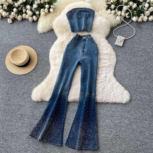 Women's Clothing Denim Suit Summer Sleeveless Tube Top Vest High Waist Denim Flared Trousers_ecoleips.com