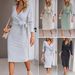 Elegant V-Neck Long Sleeve Wrap Dress With Belt Detail - Stylish Knitted Midi Dress For Women, Office & Evening Wear (Gray, Black, Beige, Ocean Green)_ecoleips.com