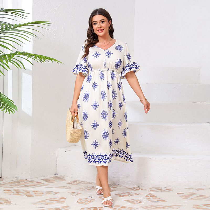 Women’s Clothing Large Size V Neck Dress Trumpet Sleeve Fashion Print Elastic Waist Long Dress_ecoleips.com