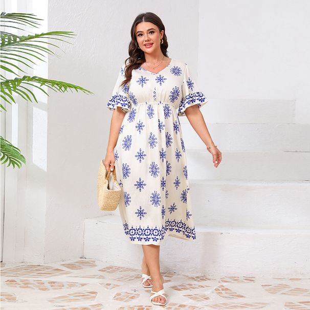Women’s Clothing Large Size V Neck Dress Trumpet Sleeve Fashion Print Elastic Waist Long Dress_ecoleips.com