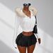 Petite Hooded Short Jacket Large Fur Collar Zip Up Solid Color Cropped Sexy Sweatshirt Autumn Winter Outerwear_ecoleips.com