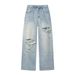 Women's Fashion Casual Mid Waist Wide Leg Ripped Cuff Jeans Rhinestones Sparkling Details Clothing_ecoleips.com