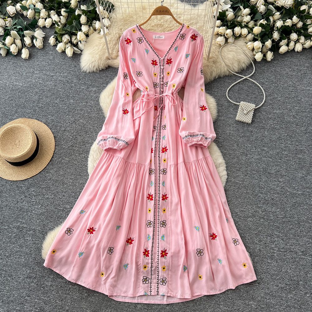 Women's Ethnic Style Embroidered Dress with Waist Cinching Belt Long Sleeves V Neck A-Line Long Skirt Elegant And Classy Summer Dress_ecoleips.com
