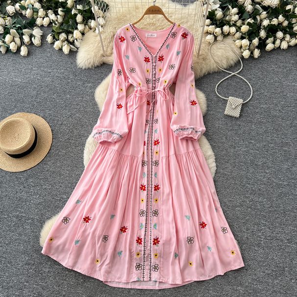 Women's Ethnic Style Embroidered Dress with Waist Cinching Belt Long Sleeves V Neck A-Line Long Skirt Elegant And Classy Summer Dress_ecoleips.com