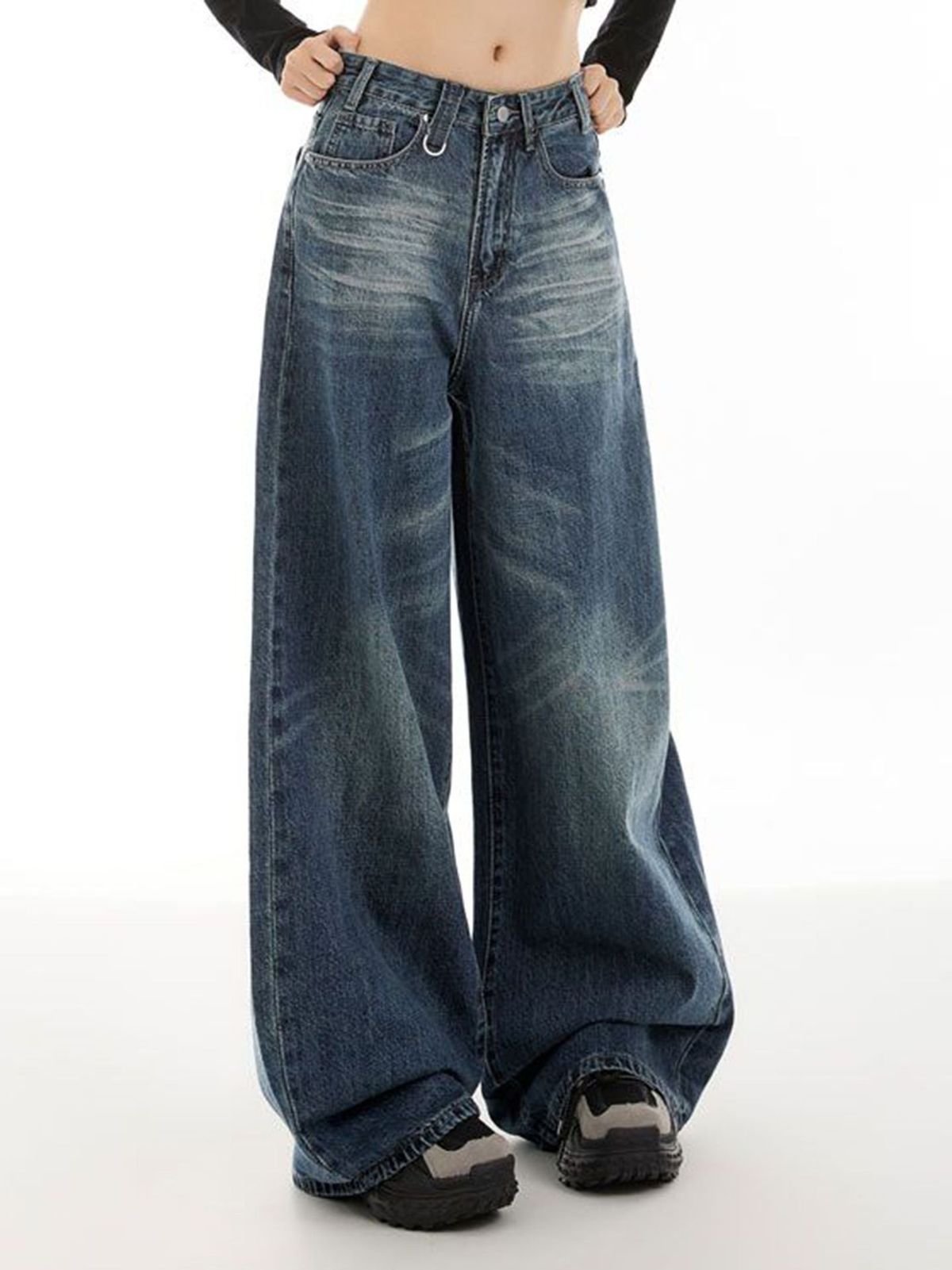 Vintage High-Waisted Flared Jeans – 90s Retro Denim Wide-Leg Pants – Distressed Washed Blue Y2K Streetwear _ecoleips.com
