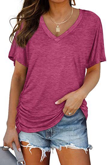 Women's Plain-Colored Bat-Sleeve Short-Sleeved T-Shirt With Side Pleats And V-Neck_ecoleips.com