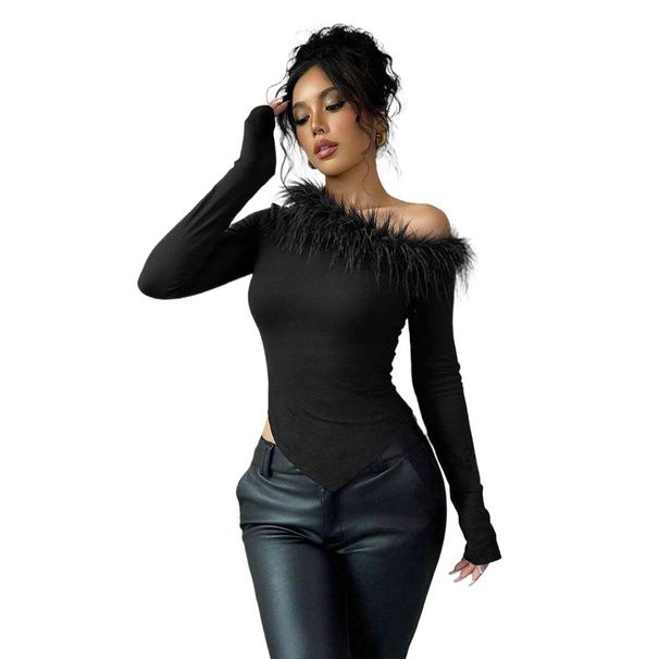 Voya Women's Summer Niche Design With Feather Splicing, Irregular Single Shoulder Hem, Slim Fit Long Sleeved Top For Women_ecoleips.com