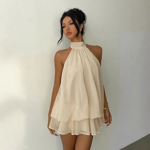 Women's Backless Halter Tie-Front Wrap Dress – Flowy A-Line Mini Dress With Ruffled Skirt – Yellow, Brown, Khaki, Sky Blue, Red_ecoleips.com