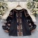 Women's Heavy Duty Ethnic Embroidered Shirt Long Sleeves Loose Fit Tie Waist round Neck Puff Sleeves Tassels_ecoleips.com