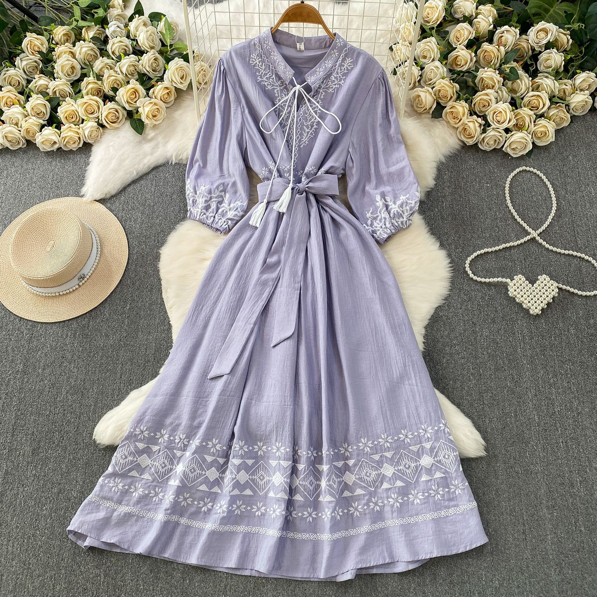 Women's Retro Style Geometric Embroidered Dress Tie Neck Three Quarter Sleeve Slim Fitting Elegant Knee Length Summer Skirt_ecoleips.com