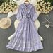 Women's Retro Style Geometric Embroidered Dress Tie Neck Three Quarter Sleeve Slim Fitting Elegant Knee Length Summer Skirt_ecoleips.com