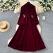 Elegant French Retro Velvet Dress With Embellished Beading, High Neck, Lantern Sleeves, Lace-Up Waist & Flared Hem_ecoleips.com