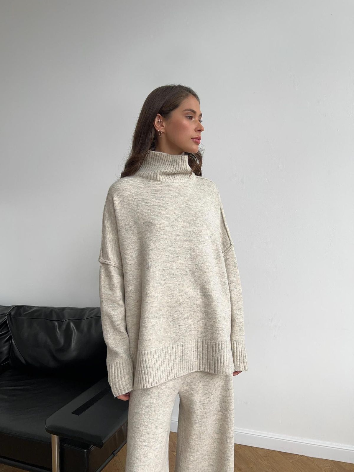 Gothic Chic Knit Set – High Neck Slit Sweater & Wide-Leg Pants (Winter Collection)_ecoleips.com