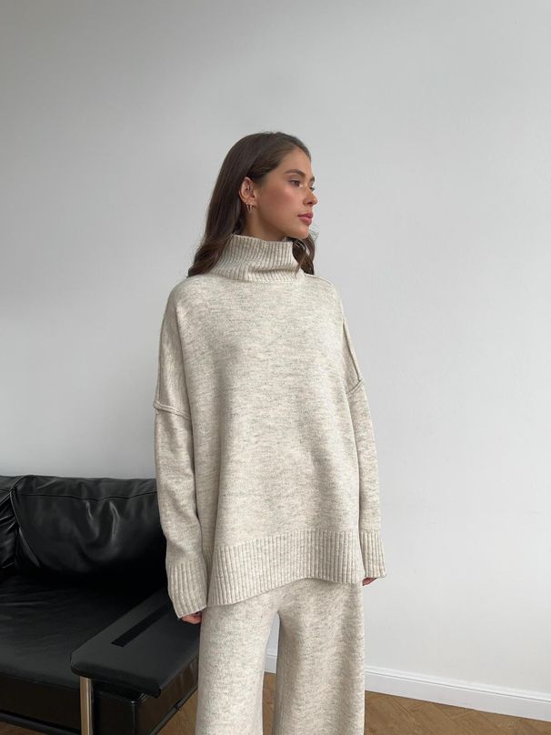 Gothic Chic Knit Set – High Neck Slit Sweater & Wide-Leg Pants (Winter Collection)_ecoleips.com