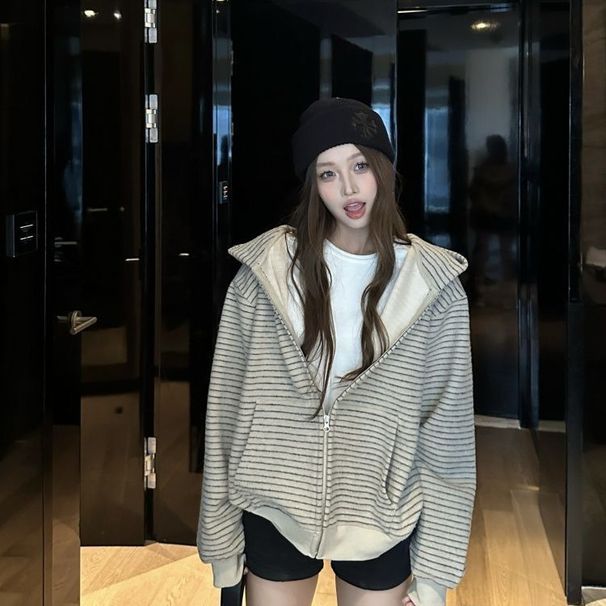 High-end Striped Hooded Casual Loose American Style Sweatshirt For Women 2025 Autumn New Unique Top_ecoleips.com