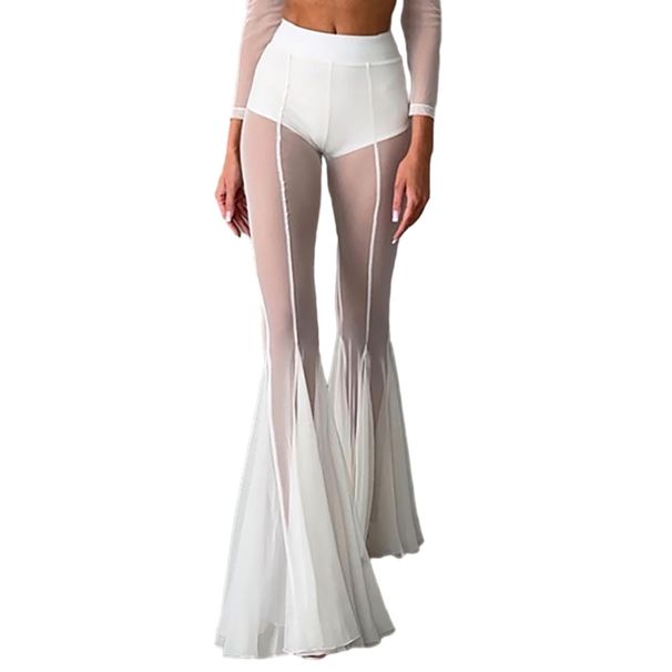 Sheer Mesh Bell Bottom Pants - Stretchy High-Waisted Flared Trousers With Cutout Detail For Women, Sexy Fashion Fit_ecoleips.com
