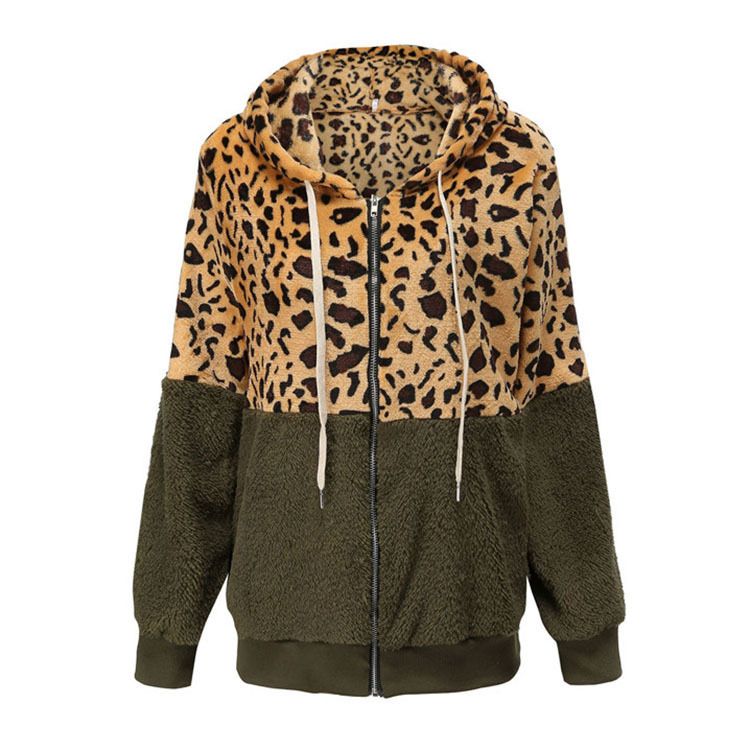 Women's Fleece-Lined Leopard Print Hooded Zip-Up Sweatshirt – Oversized Fit, Winter Warmth, Polyester Velvet (White/Khaki/Red/Green/Black)_ecoleips.com