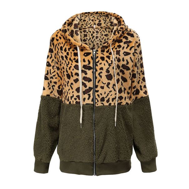 Women's Fleece-Lined Leopard Print Hooded Zip-Up Sweatshirt – Oversized Fit, Winter Warmth, Polyester Velvet (White/Khaki/Red/Green/Black)_ecoleips.com