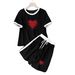 Summer Women's Red Heart Print Two-Piece Set Casual Short-Sleeved Shirt And Shorts Polyester Fashion_ecoleips.com