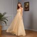 Elegant Sweet & Sexy Strapless Glitter Dress - Layered Bodycon Midi Dress With V-Neck & Waist Cinching - Champagne_ecoleips.com