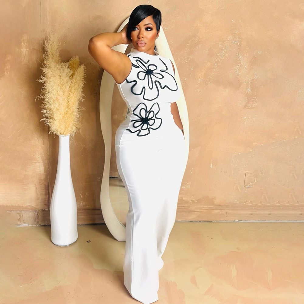 Women's Clothing Fashion Sleeveless One Piece Flower Design Slim Trousers Round Neck Sexy Hip Wrapped Jumpsuits_ecoleips.com