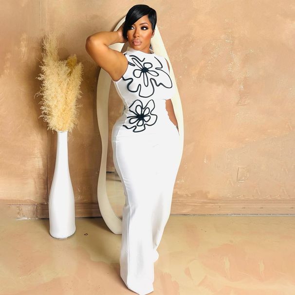 Women's Clothing Fashion Sleeveless One Piece Flower Design Slim Trousers Round Neck Sexy Hip Wrapped Jumpsuits_ecoleips.com