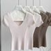 Women's Clothing Breathable Ribbed Knit Top – Flattering V-Neck Short Sleeve Blouse For Women_ecoleips.com