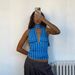 Retro Blue Plaid V Neck Halter Top Women's Summer Wear Ruffled Design Sleeveless Backless Sexy Style_ecoleips.com