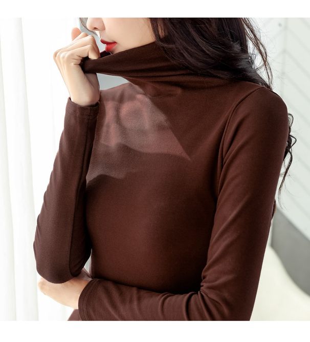Autumn And Winter Turtleneck Velvet Bottoming Shirt Women's Long-sleeved Solid Color Korean Version Women's Clothing Warm, Slim And Thin T-shirt_ecoleips.com