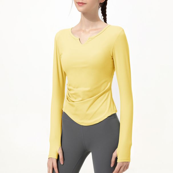 Women's Clothing Yoga Clothes Long Sleeves With Chest Pad V Neck Nude Sports Running Fitness Tops T Shirt_ecoleips.com