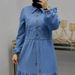 Women's Blue Patchwork Cotton Maxi Dress Elegant Denim Fashion Dubai Turkish Clothing Muslim Fashion_ecoleips.com
