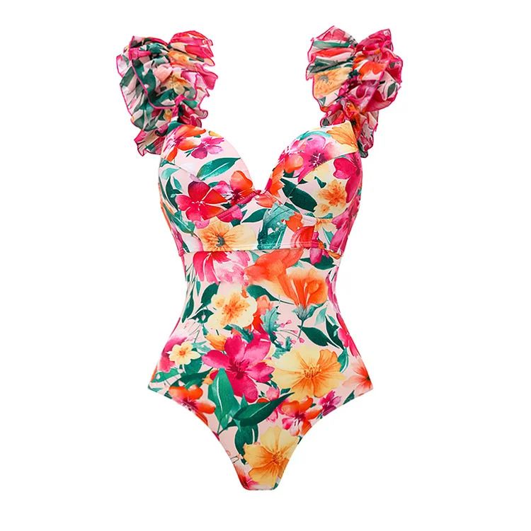Women's Ruffled Backless One-Piece Swimsuit - Floral Print Beachwear_ecoleips.com