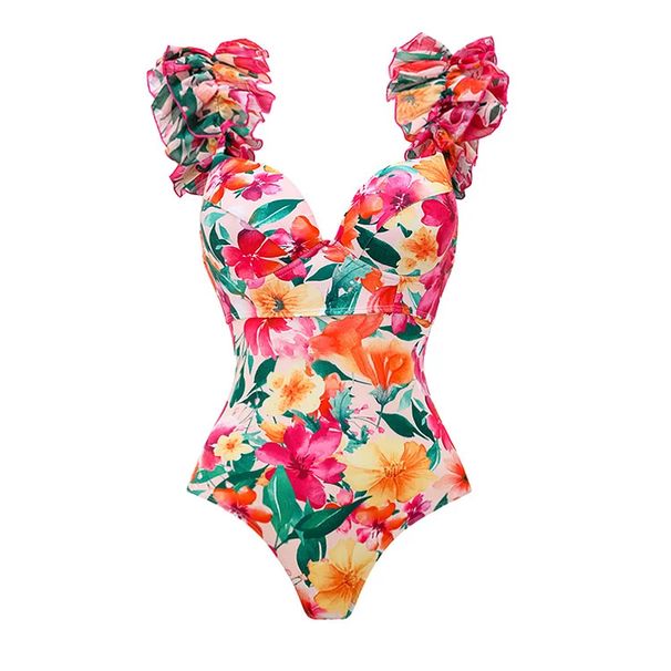 Women's Ruffled Backless One-Piece Swimsuit - Floral Print Beachwear_ecoleips.com