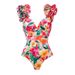 Women's Ruffled Backless One-Piece Swimsuit - Floral Print Beachwear_ecoleips.com