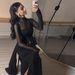 Women Elegant Sexy High Neck Sheer Mesh Paneled Long Dress New Arrival 2024 Fashion Casual Party Evening Cocktail Dress For Ladies_ecoleips.com