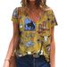 Women's Retro Western Cowboy Print V Neck Short Sleeve T-Shirt European American Style Top_ecoleips.com