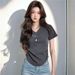 Women's Clothing Chic Chain V Neck Short Sleeved T-Shirt For Women Designed Slimming Pleated Waist Cinching Summer Style Base Layer Top_ecoleips.com