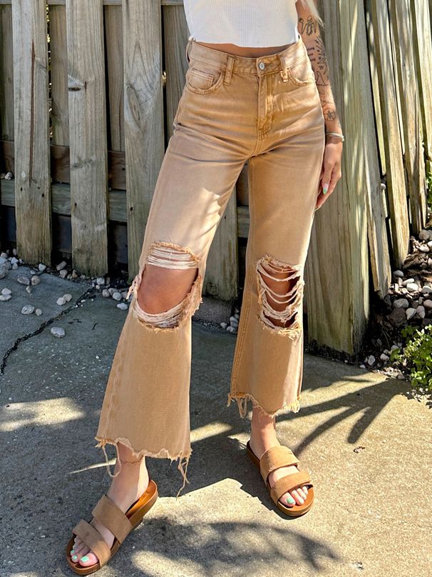 Distressed High-Waisted Wide-Leg Jeans – Vintage Washed & Hand-Ripped Boho Denim (Brown & Green, S-L)_ecoleips.com