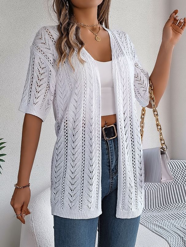 Women's Clothing Lace Short Sleeve Knit Cardigan – UPF 30+ Summer Cover-Up (White, Khaki, Pink)_ecoleips.com