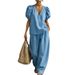 Women's V-Neck Bubble Sleeve Short Sleeve Top And Shorts Set, Solid Color Casual Summer Outfit_ecoleips.com