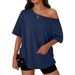 Women's Casual Fashion Asymmetrical Neck T-Shirt Knit Short Sleeve Top European American Style_ecoleips.com