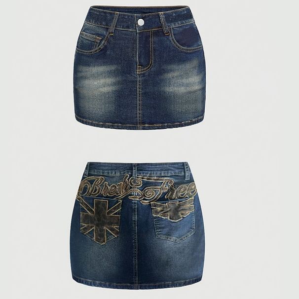 Women's Low Waisted Union Jack Embroidered Denim Mini Skirt Patterned Bodycon Sexy European American Style_ecoleips.com
