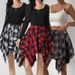 Women's Asymmetrical Patchwork Skirt – High Waist Plaid Skirt With Raw Hem Detail, A-Line Midi Length For Casual & Office Wear_ecoleips.com