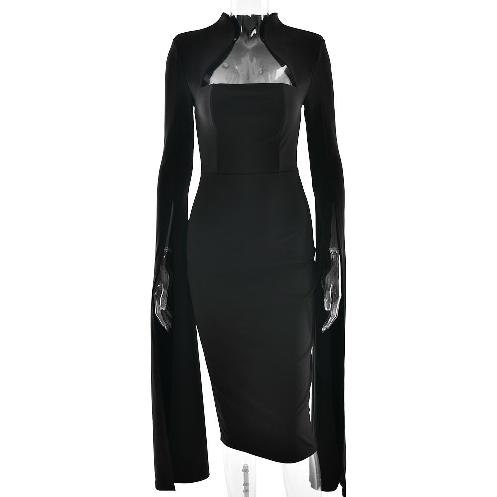 2025 New Elegant Women's Sexy Long Sleeve Slit Ribbon Evening Hollow Out Midi Dress_ecoleips.com