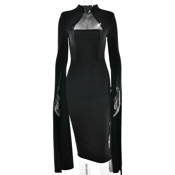 2025 New Elegant Women's Sexy Long Sleeve Slit Ribbon Evening Hollow Out Midi Dress_ecoleips.com