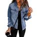 Vintage Washed Denim Jacket For Women – Non-Stretch Distressed V-Neck Long Sleeve Coat (S-2XL, Dark/Light Blue)_ecoleips.com