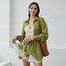 European American Design Green Women's Cotton-linen Suit, Long-sleeve Lace Patchwork Collared Shirt Top And Shorts_ecoleips.com