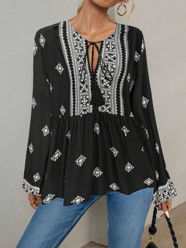 Women's Clothing Women's Retro Ethnic Style Shirt Top Half Open Collar Tie Waist Loose Lantern Sleeve Fashionable Casual Outfit_ecoleips.com