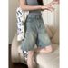 Women's Retro Washed Straight Leg Denim Shorts High Waisted Slimming Loose Fitting Distressed mid Length Capri Pants Summer Thin Wide Leg_ecoleips.com